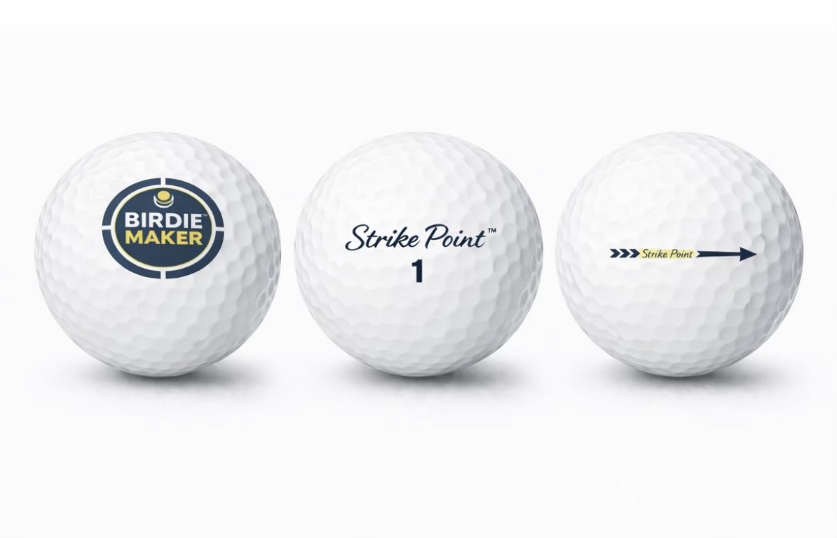 Three views of the Birdie Maker Strike Point golf ball showing the Birdie Maker target logo, Strike Point branding and directional alignment arrow